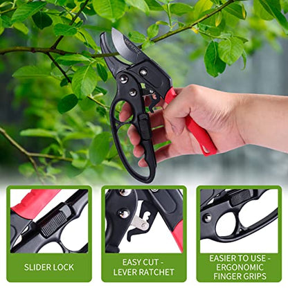 Germany Pruning Shears For Gardening, Arthritis Weak Hand Snips, 4x cutting power trimming, 1-Inch Cut Capacity Garden Clippers, Ergonomic handle, Rust resistant, high strength steel, Sharp - style: Reddish balck