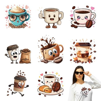 arricraft 9 Sheets Fun and Cute Coffee Iron on Decals Patches, Anthropomorphic Coffee Love Glasses Coffee Beans Transfer Stickers PET Washable Patches for DIY Clothes Decor, 8.66 inch(22cm) Long - style: Fun and Cute Coffee Theme
