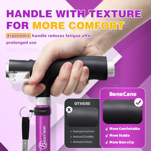 BeneCane Walking Cane for Women Folding Cane for Men with Two Led Lights Quad Cane with Stable Base Lightweight and Adjustable Walking Stick - color: Purple