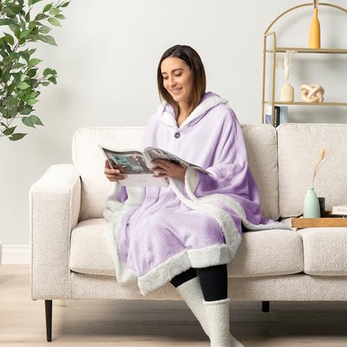 PAVILIA Hooded Blanket Poncho for Women, Fleece Wearable Shawl Wrap, Purple | Fleece Shawl Wrap with Hood, Adult Wearable Blanket, Cozy Warm Poncho Cape Throw with Pockets, Gift for Elderly Mom - color: Purple