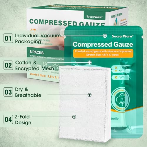 SuccorWare 8 Packs Sterile Compressed Gauze with Z-Folded - Wound Gauze for Bleed Stop, 4.5" x 4.1 Yards, 6-Ply - for First Aid Kit,Medical Trauma Kit, IFAK Supplies Refill