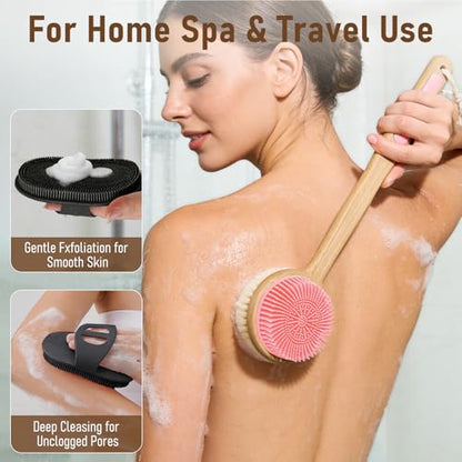 Silicone Body Back Scrubber for Shower 2 Pack, Long Handle Scrub Brush - color: Pink & Black