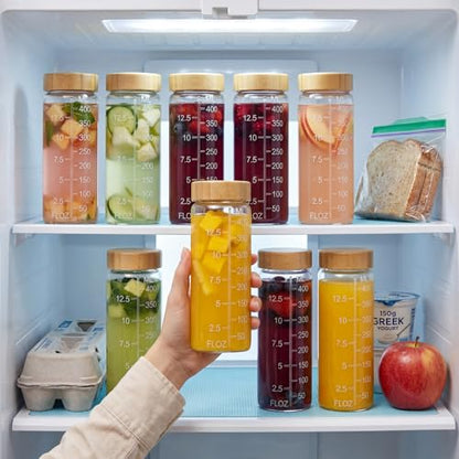 16 oz Round Glass Juice Bottles with Airtight Bamboo Lids, Reusable 9 Pack - color: 16oz - 9 Pack