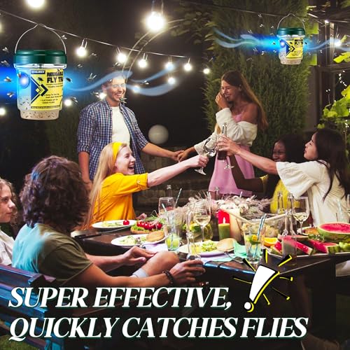 Qualirey 3 Fly Traps Outdoor with 3 Non Toxic Dissolvable Bait Refills, Reusable Insect Catcher Killer for All Filth Flies with Solar LED Light Design, Fruit Flies Traps for Outside Bug Control Yard