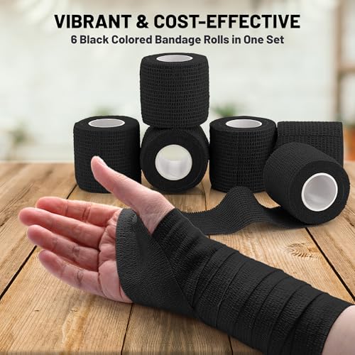 Self-Adherent Cohesive Bandage - Black Medical Wrap - 6 Rolls 2" Wide x 5 Yards Sports Tape for Medical Use, Sports, First Aid and Helps Protect Skin