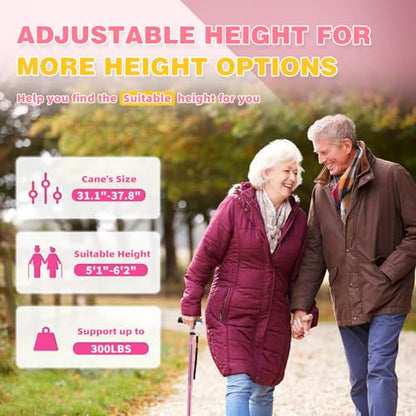 BeneCane Walking Cane for Women Folding Cane for Men with Two Led Lights Quad Cane with Stable Base Lightweight and Adjustable Walking Stick - color: Pink