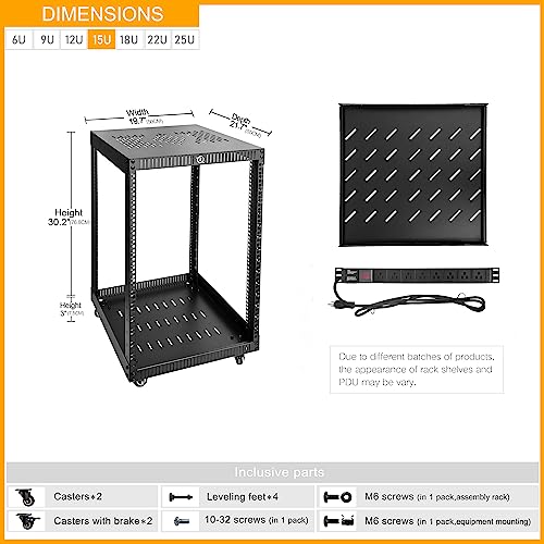 RIVECO 15U Network Rack with Reinforced Top Cover - 4 Post Floor Rack on Wheels for 19" Equipment & Stereo Gear- Including Rack Mount Power Strip & 1PCS 1U Rack Shelf - size: 15U