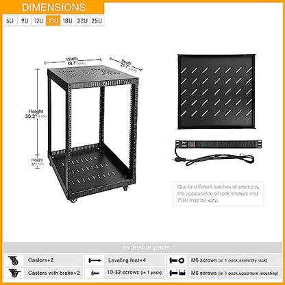 RIVECO 15U Network Rack with Reinforced Top Cover - 4 Post Floor Rack on Wheels for 19" Equipment & Stereo Gear- Including Rack Mount Power Strip & 1PCS 1U Rack Shelf - size: 15U