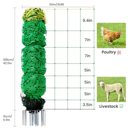 Electric Fence Netting, 164'L x 42.5" H Movable Livestock Nets for Sheep, Hogs, Cattle, PE Net Fencing Kit with 14 Posts Double Spiked, Electric Fencing for Backyards, Homesteaders, Farms Ranches - size: 164'L x 42.5" H