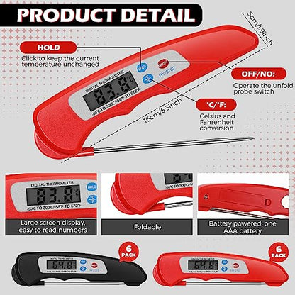 Xuhal 12 Pcs Digital Meat Thermometer with Probe Instant, Black, Red - color: Black, Red