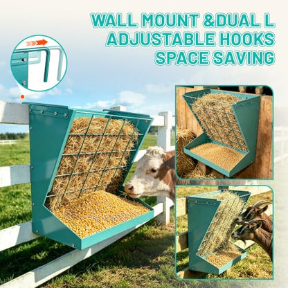 2 in 1 Wall Mount Hay and Grain Feeder, 25 Gallons Livestock Feeder | Galvanized Steel Wall Hay Rack, Hanging Hay Feeder with Mounting Kit for Goats Sheep Horse, Slow Feeder for Goats with Trough