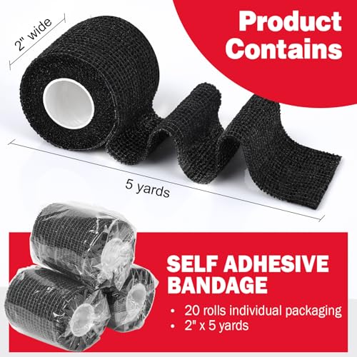 AZEN 20 Pack Self Adhesive Bandage Wrap Black, Black Athletic Tape, Vet Wrap, Tattoo Grip Tape Wrap, Ankle Tape, Cohesive Bandage Wrap - color: Black