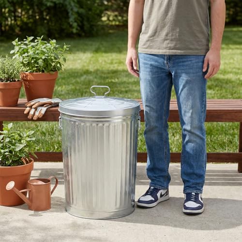 Plexon 20 Gallon Metal Trash Can with Lid Outdoor Large Trash Bin Galvanized Steel Garbage Can for Farm Garage Patio Ash Bucket Bird Seed Storage Can Heavy Duty Round Container Silver