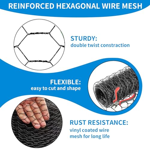 72'' x 150' Black Chicken Wire Fencing, 1 inch Chicken Wire and 19 Gauge Poultry Netting, Garden Mesh Fence Roll for Floral Arrangements/Crafts/Farm/Livestock/Pet Protection - size: 19 gauge 72'' x 150'