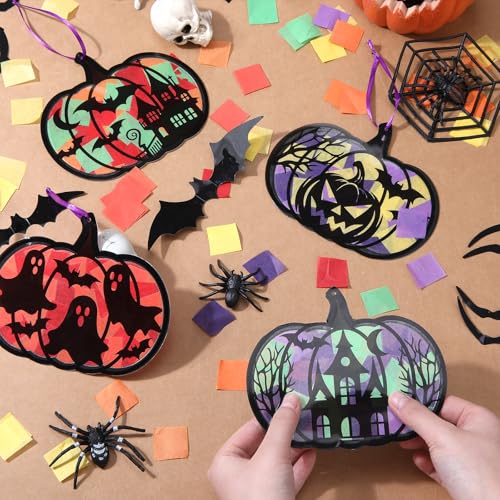 AmazingSpark 30 Pcs Halloween Pumpkin Suncatcher Craft Kit Tissue Paper DIY | 6 Spooky Designs Bat Ghost House, Stained Glass Effect for Classroom Party Activities, Bulk Art Projects, Hanging Included - style: Halloween