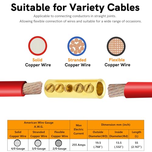 000 Gauge Wire Butt Connectors 4 PCS Brass Mechanical Butt Splice Connectors Kit 3/0 AWG Mechanical Repair Splice Kit Splice Screw Sleeves 4 PCS Mechanical Splices & 3:1 Heat Shrink Tubes - size: 000 (3/0) Gauge, style: Mechanical Splice - Bare Pure Brass
