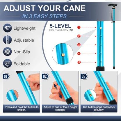 supregear Folding Cane, 5-Level Adjustable Height Walking Stick Lightweight Collapsible Portable Travel Cane with Wrist Strap and T Handle for Elderly Disabled Men Women - color: Blue