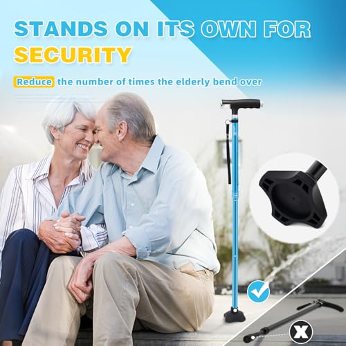 BeneCane Walking Cane for Women Folding Cane for Men with Two Led Lights Quad Cane with Stable Base Lightweight and Adjustable Walking Stick - color: Blue