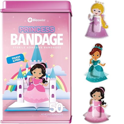 BioSwiss Bandages, Princess Shaped Self Adhesive Bandage Set, Latex Free, Sterile Wound Care, 50 Count - color: Princess, size: 50-Count Tin