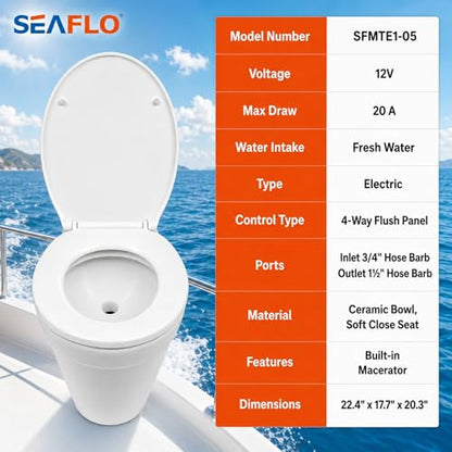 SEAFLO Deluxe Flush Freshwater Electric Marine Toilet - Fresh Water Rinse, 12V, w/ 4-way Flush Panel, Smart Flushing System, Ceramic Bowl, Soft Close Seat, Quiet Flush, Macerator Pump, 4 Year Warranty - style: 12V Deluxe Flush - Fresh Water Rinse - Soleno