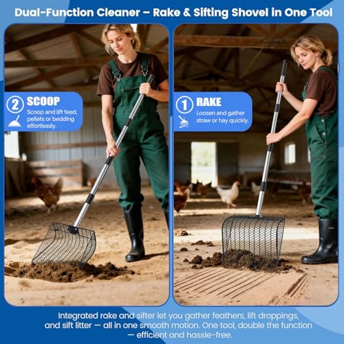 12 inch Large Chicken Poop Scooper Rake with Sifting Litter Shovel, Stainless Steel Handle (25 to 66"), Heavy-Duty Poultry Litter Scoop for Chicken Coop for Sand & Farm Pet Waste Cleaning