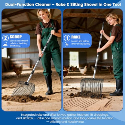 12 inch Large Chicken Poop Scooper Rake with Sifting Litter Shovel, Stainless Steel Handle (25 to 66"), Heavy-Duty Poultry Litter Scoop for Chicken Coop for Sand & Farm Pet Waste Cleaning