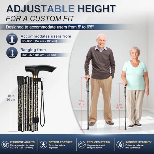 supregear Folding Cane, 5-Level Adjustable Height Walking Stick Lightweight Collapsible Portable Travel Cane with Wrist Strap and T Handle for Elderly Disabled Men Women - color: Leopard