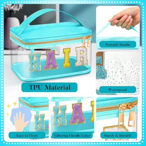 Geetery Chenille Clear Makeup Bag, Green Hair Bag Cosmetic Case Nylon Makeup Portable Preppy Patch with Handle Zipper Toiletry Storage Case Waterproof Pink Hair Patch for Women - color: Green, style: Hair