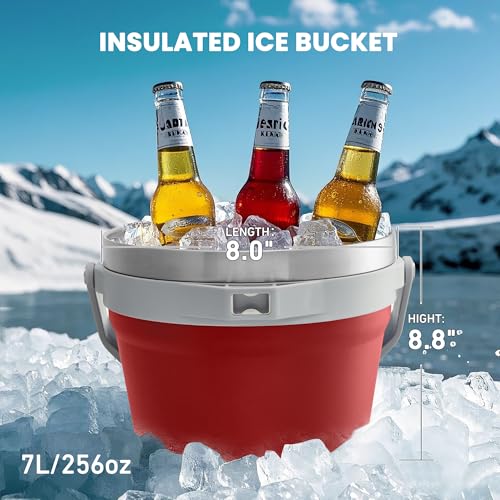 COKTIK 7L Vacuum Insulated Ice Bucket with Lid and Scoop& Tongs，Large capacity Stainless Steel Beverage Bucket for Cocktail, Champagne, Wine, Beer，Large Parties（Red Suit） - color: Red Suit