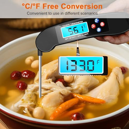 Digital Talking Thermometer for The Blind, Waterproof Instant Read Food Thermometer with Talking Function & Backlight, Meat Thermometer with Probe for Cooking and Grilling, and More - color: Black