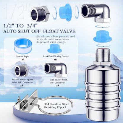 Float Valve,1/2" to 3/4'' water level control float valve, 304 Stainless Steel Fully Automatic Watershut off valve, Automatic Water Level Controller for Tank, Pool, Livestock Troughs.