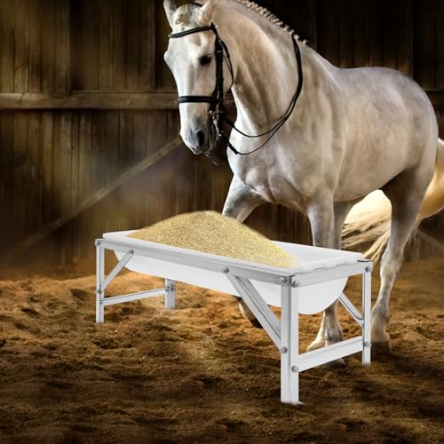 9.25 Gal Livestock Feed Trough with Stand, Heavy Duty Galvanized Steel Goat Feeder Trough for Sheep Horse Cattle, Raised Large Capacity Farm Animal Feeding Pan - color: Silver+White