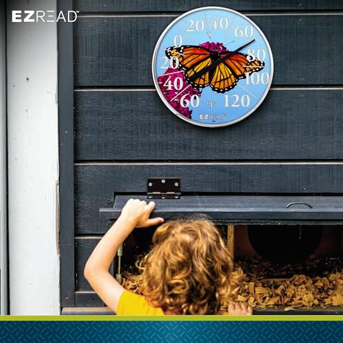 EZREAD Hanging Dial Thermometer 840-1235 Weather Thermometers for Indoor and Outdoor Use, Large 12.5 Inch Diameter, Easy to Read Numbers, Butterfly - color: Butterfly