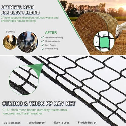6x6 ft Bale Hay Net for Horses Round/Square, 1.7 inch Hole Knotless Livestock Slow Feeder Hay Storage Net for Horses, Cattle, Sheep in Farms (Round) - style: Round