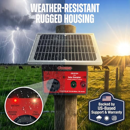 O’Briens 0.71 Joule Solar Electric Fence Charger | Adjustable Power Dial | Powers Up to 28 Miles or 95 Acres | Solar-Powered Energizer with LED Indicator, Fence & Ground Leads, Rechargeable Battery