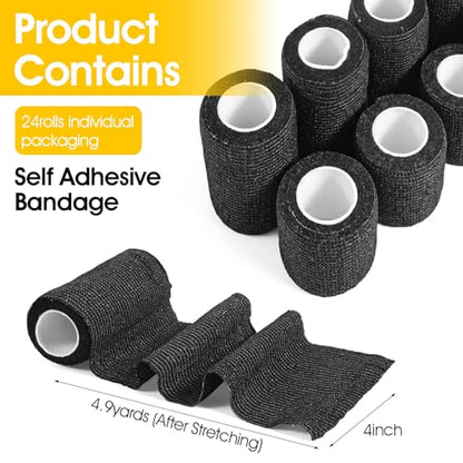 24 Packs Self Adhesive Bandage Wrap, Black Bandage Wrap 4 Inch x 5 Yard, Elastic Cohesive Bandages Tape for Sports Wrist Ankle Support, Vet Wraps for Horses Dogs Wound Care