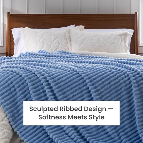 Berkshire Ribbed VelvetLoft® Blanket – 330gsm Medium Weight Plush, Extra Soft & Warm Plush Blanket for Bedroom, Couch, Travel – Durable & Easy Care(Blue Moment, King Size 90" x 108") - color: Blue Moment, size: King (90 in x 108 in)