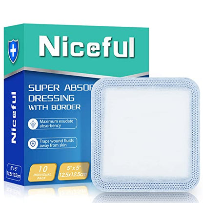 Niceful Super Absorbent Wound Dressing 5" x 5" (10 Pcs) – Sterile Non Stick Gauze Pads for Wound Care, Heavy Exudate Large Bandages for Pressure Ulcers, Bedsores, Diabetic Foot Ulcers - size: 5"x5"(10PCS)