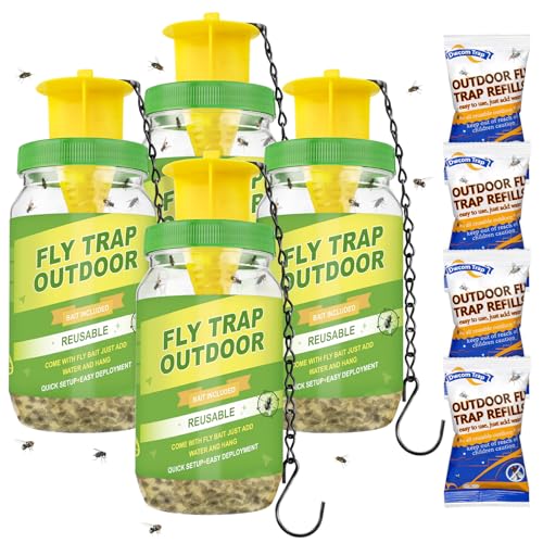 4 Pack Reusable Fly Traps Outdoor with 4 Fly Bait Refill - color: Green-4 pack