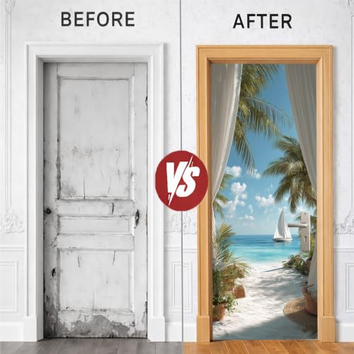 Tropical Window Curtain Beach Door Mural Peel Stick 30x79in Vinyl Decal - color: Colorful2219