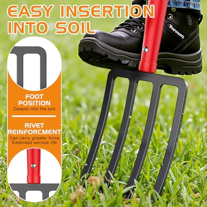 Pitch Fork Pitchfork,4-Tine 45Inch Wood Y-Grip Garden Spading Fork | Heavy duty steel fork,wide anti-clog tines,hardwood Y grip for clay soil, compost, mulch and vegetable gardening.