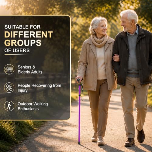 supregear Folding Cane, 5-Level Adjustable Height Walking Stick Lightweight Collapsible Portable Travel Cane with Wrist Strap and T Handle for Elderly Disabled Men Women - color: Purple