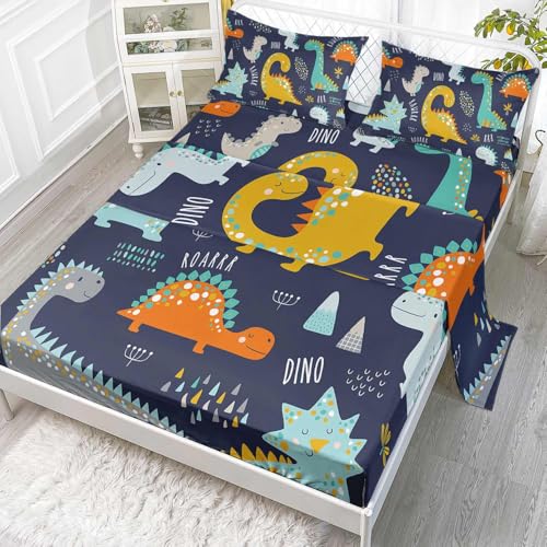 Dinosaur Sheets Set 4Pcs for Kids,Cartoon Animal Printed Sheet Set with 1 Flat Sheet and 1 Fitted Sheet + 2 Pillowcases(Dinosaur Twin) - color: Dinosaur, size: Twin 67x97 inches