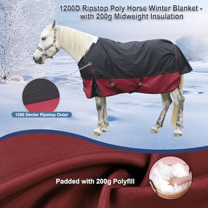 1200D Horse Blanket, 200g Medium Weight Waterproof Winter Turnout - color: Wine, size: 81"