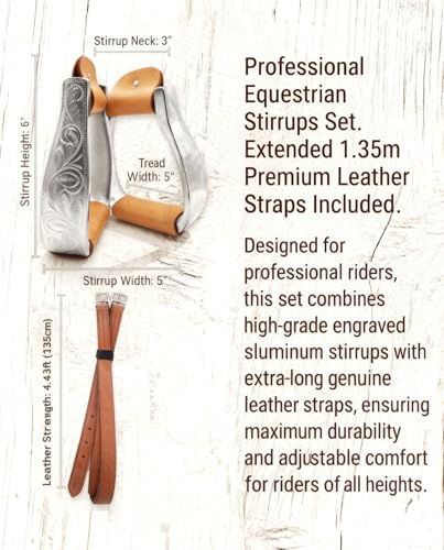 5" Western Horse Riding Stirrups Hand Carved Lightweight Aluminum Stirrups with Saddle Belt,Genuine Leather wrapping-MP1134