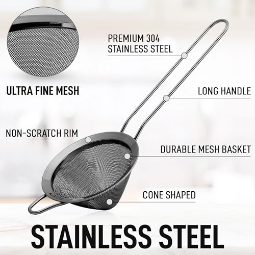 Zulay Kitchen 304 Stainless Steel Fine Mesh Strainer For Kitchen - Sieve Sifters For Food, Tea, Rice, Oil, Noodles, Fruits, Vegetables - Rust-Proof, Easy to Clean Drink Strainer (Black) - color: Elegant Black