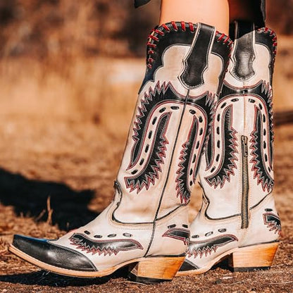Yishaweiqi Embroidered Cowboy Boots for Women Mid Calf Cowgirl Boots Side Zipper Chunky Heel Snip Toe Knee High Western Boots - color: Black White, size: 8