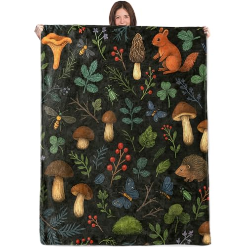 Woodland Animal and Mushroom Blanket,50x60in,Cozy Flannel Throw with Forest Squirrel Hedgehog Foliage Design,Soft Lightweight Gifts Blankets for Kids,Sofa Bed Travel Country Rustic Decor - color: Mushroom 01, size: 60"x50"