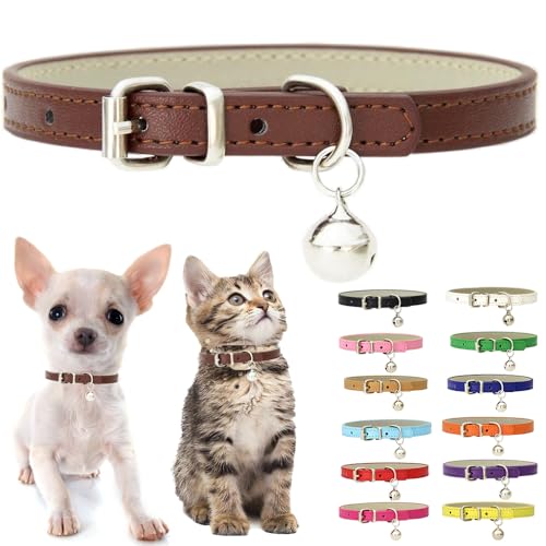 Brown XXS Cat Kitten Collar with Bell, Leather Small Puppy XS Dog Collars - color: Brown, size: XXS for Neck 5"-8"