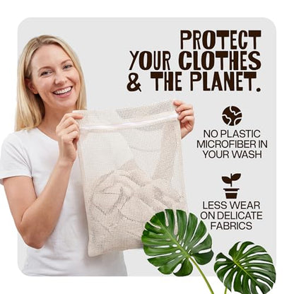 WoollyPals Large Cotton Mesh Laundry Bags (16" x 20") – 2-Pack with Drawstring Storage Pouch – Washer & Dryer Safe, Durable Zipper, Breathable Mesh for Clothes, Delicates, Underwear, Shoes & Lingerie